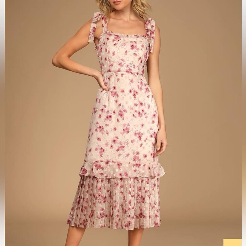 Lulu’s Terrace View Taupe Floral Print Tiered Midi Dress XS